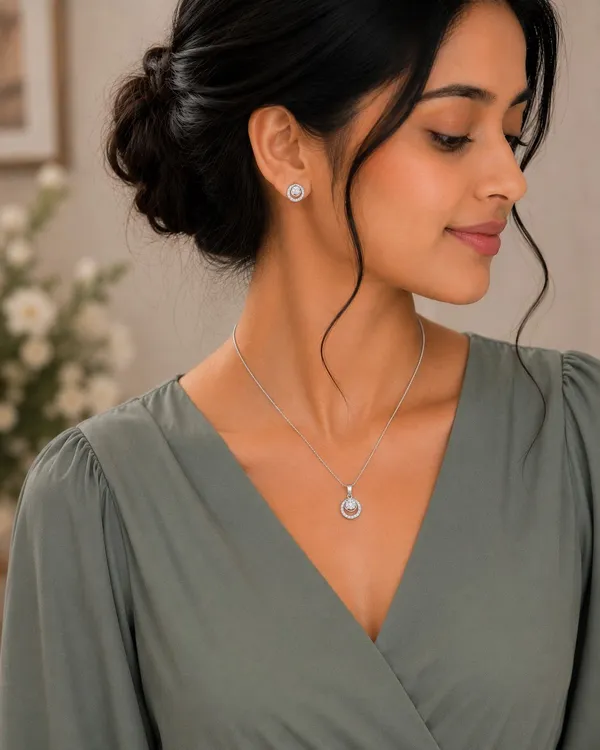 Silver_&_Clear_Crystal_Circular_Pendant_Necklace_Earrings_Set_For_Women