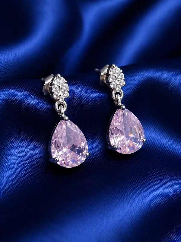 Silver_&_Pink_Teardrop_Stone_Drop_Earrings_For_Women