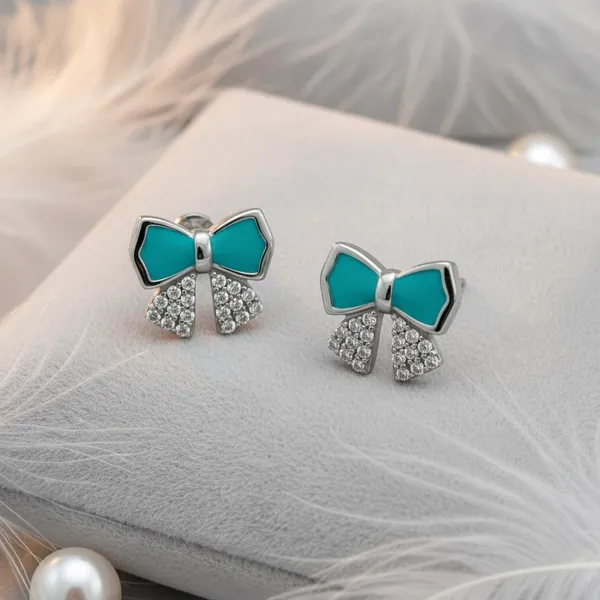 Turquoise_Silver_Bow_Rhinestone_Stud_Earrings_For_Women