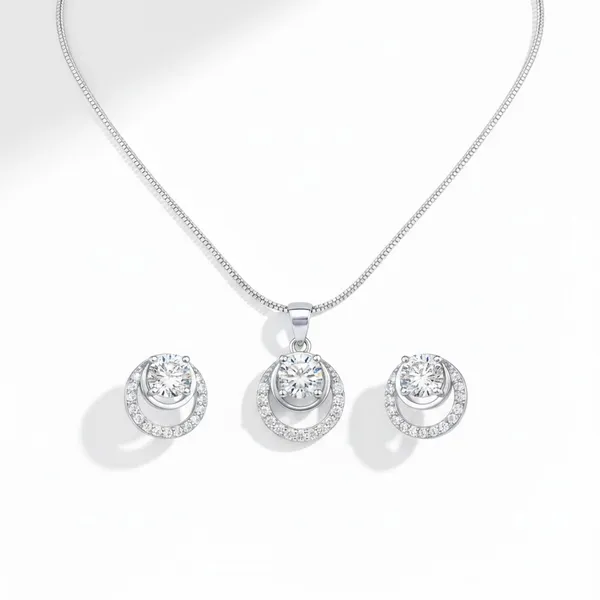 Silver_&_Clear_Crystal_Circular_Pendant_Necklace_Earrings_Set_For_Women
