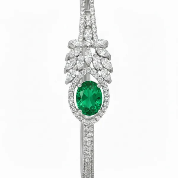 Silver_&_Green_92.5_Oval_Stone_Floral_Band_Bracelet_For_Women