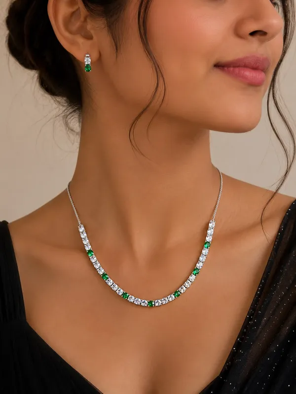 Silver_&_Green_92.5_Stone_Necklace_And_Earrings_Set_For_Women