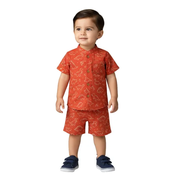 Orange_Cotton_Dino_Print_Shirt_&_Shorts_Set_For_Baby_Boys