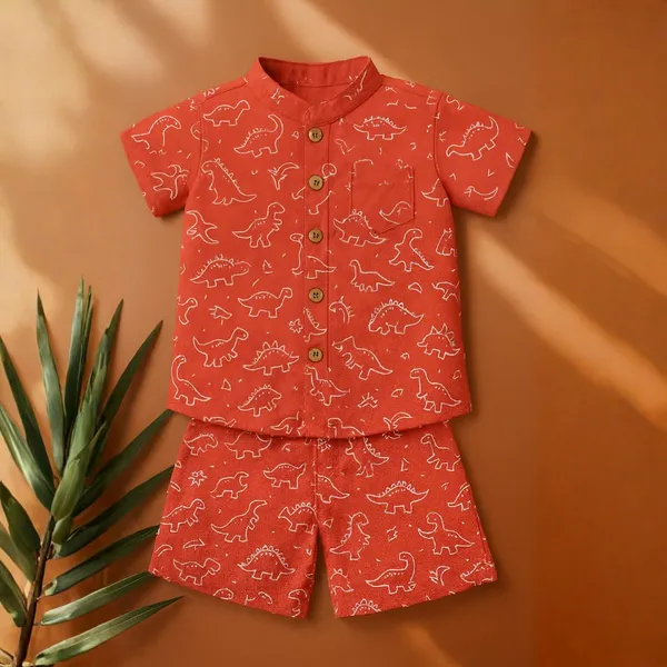 Orange_Cotton_Dino_Print_Shirt_&_Shorts_Set_For_Baby_Boys