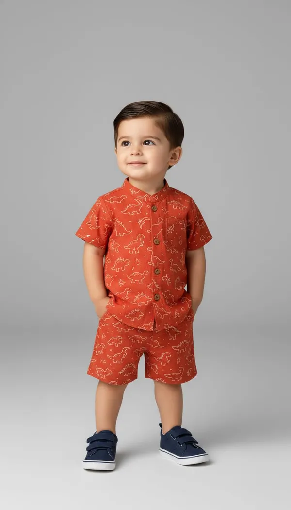 Orange_Cotton_Dino_Print_Shirt_&_Shorts_Set_For_Baby_Boys