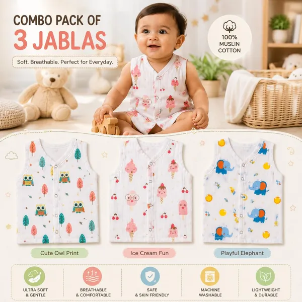 White_Muslin_Printed_Jabla_For_Unisex_Baby_Pack_Of_3
