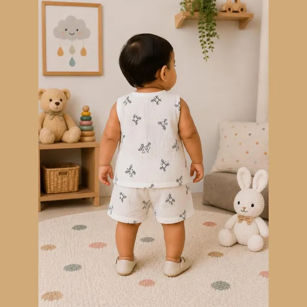 White_Printed_Muslin_Sleeveless_Jabla_Shorts_Co-Ord_Set_For_Unisex_Baby
