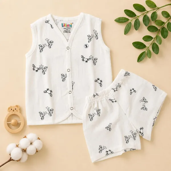 White_Printed_Muslin_Sleeveless_Jabla_Shorts_Co-Ord_Set_For_Unisex_Baby
