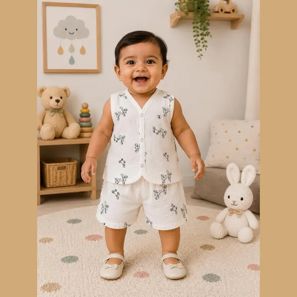 White_Printed_Muslin_Sleeveless_Jabla_Shorts_Co-Ord_Set_For_Unisex_Baby