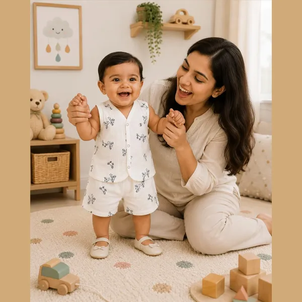 White_Printed_Muslin_Sleeveless_Jabla_Shorts_Co-Ord_Set_For_Unisex_Baby