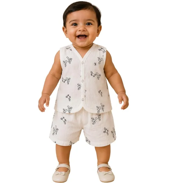 White_Printed_Muslin_Sleeveless_Jabla_Shorts_Co-Ord_Set_For_Unisex_Baby
