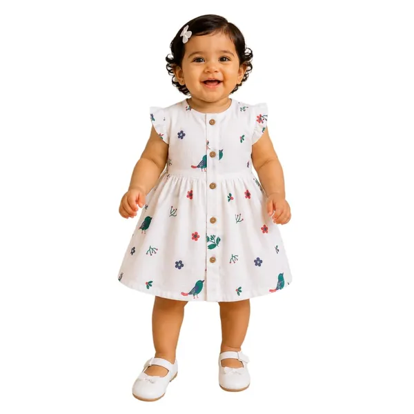 White_Printed_Muslin_Ruffle_Sleeve_Frock_For_Baby_Girls