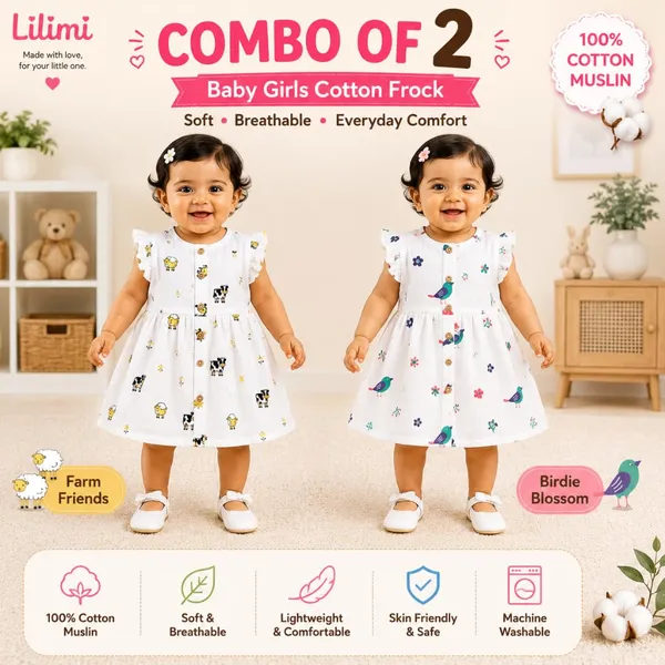 White_Printed_Muslin_Ruffle_Sleeve_Dress_Pack_Of_2_For_Baby_Girls