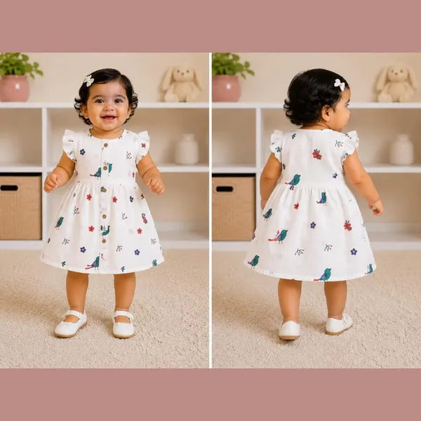 White_Printed_Muslin_Ruffle_Sleeve_Dress_Pack_Of_2_For_Baby_Girls