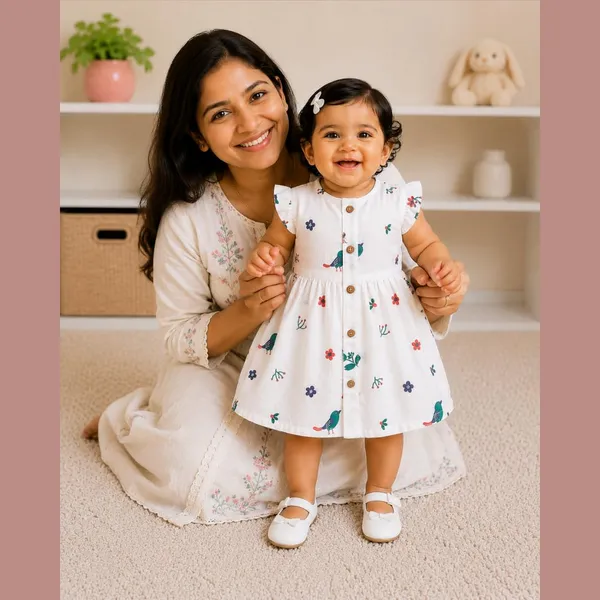 White_Printed_Muslin_Ruffle_Sleeve_Dress_Pack_Of_2_For_Baby_Girls