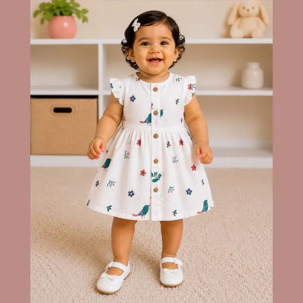 White_Printed_Muslin_Ruffle_Sleeve_Dress_Pack_Of_2_For_Baby_Girls
