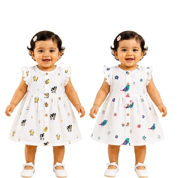 White_Printed_Muslin_Ruffle_Sleeve_Dress_Pack_Of_2_For_Baby_Girls