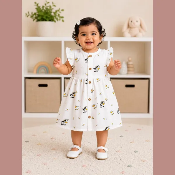 White_Printed_Muslin_Ruffle_Sleeve_Dress_Pack_Of_2_For_Baby_Girls