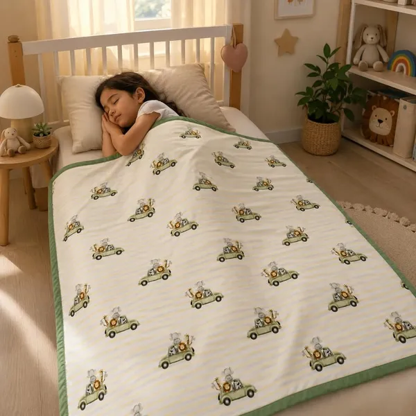 White_Green_Cotton_Safari_Car_Print_Dohar_Blanket_For_Kids