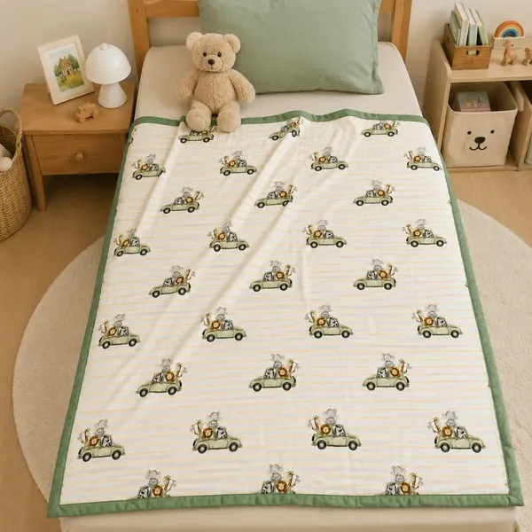 White_Green_Cotton_Safari_Car_Print_Dohar_Blanket_For_Kids
