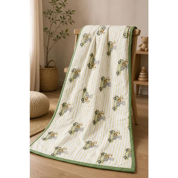 White_Green_Cotton_Safari_Car_Print_Dohar_Blanket_For_Kids