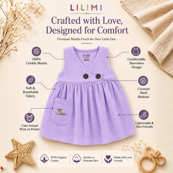 Lilimi_Baby_Girls_Crinkle_Muslin_Frock_Cross_Body_Stlye_Sleeveless_100_Muslin_Cotton_Coconut_Shell_Buttons_Animal_Print_Pocket_Skin_Friendly_Made_In_India