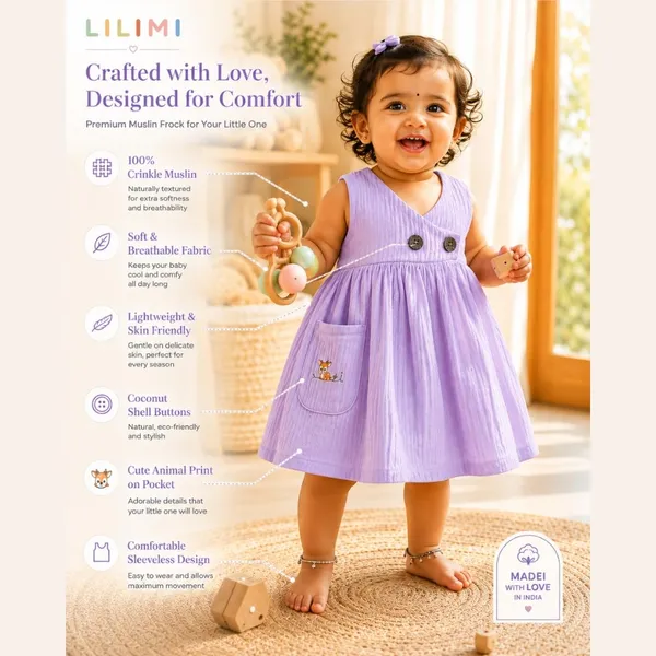 Lilimi_Baby_Girls_Crinkle_Muslin_Frock_Cross_Body_Stlye_Sleeveless_100_Muslin_Cotton_Coconut_Shell_Buttons_Animal_Print_Pocket_Skin_Friendly_Made_In_India
