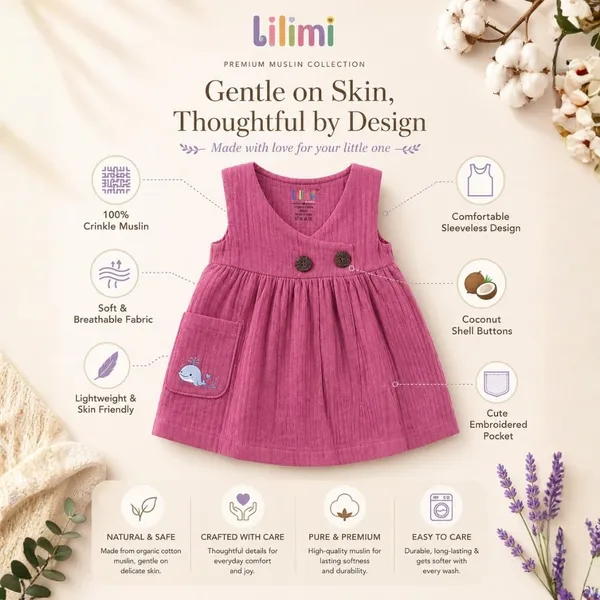 Lilimi_Baby_Girls_Crinkle_Muslin_Frock_Cross_Body_Stlye_Sleeveless_100_Muslin_Cotton_Coconut_Shell_Buttons_Animal_Print_Pocket_Skin_Friendly_Made_In_India