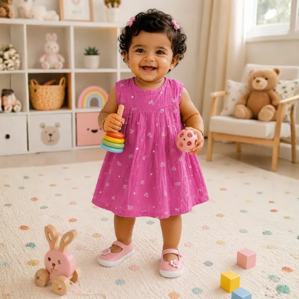 Lilimi_Baby_Girls_Pink_Printed_Double_Gauze_Muslin_Frock