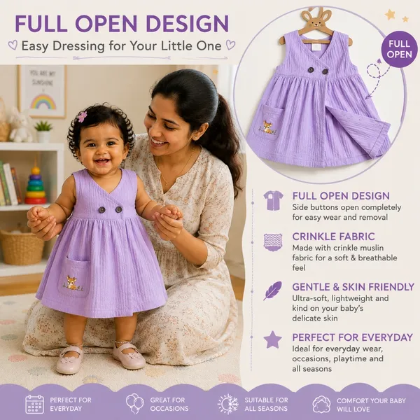 Lilimi_Baby_Girls_Crinkle_Muslin_Frock_Cross_Body_Stlye_Sleeveless_100_Muslin_Cotton_Coconut_Shell_Buttons_Animal_Print_Pocket_Skin_Friendly_Made_In_India