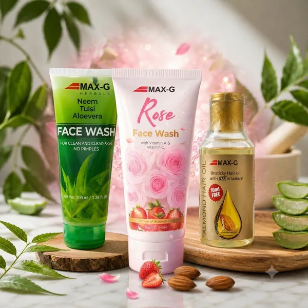 Pack_Of_3_Max_G_Neem_Tulsi_Aloe_Vera_Face_Wash,_Rose_Face_Wash_And_Natural_Almond_Oil