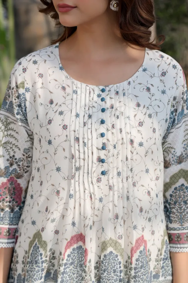 White_Cotton_Flared_Tiered_Floral_Print_Kurta_For_Women