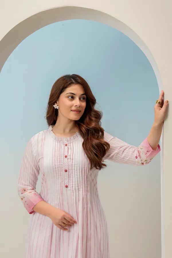 White_Pink_Cotton_A-Line_Striped_Floral_Pintuck_Kurta_For_Women
