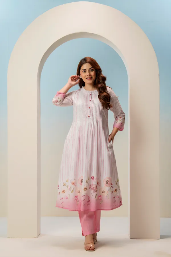 White_Pink_Cotton_A-Line_Striped_Floral_Pintuck_Kurta_For_Women