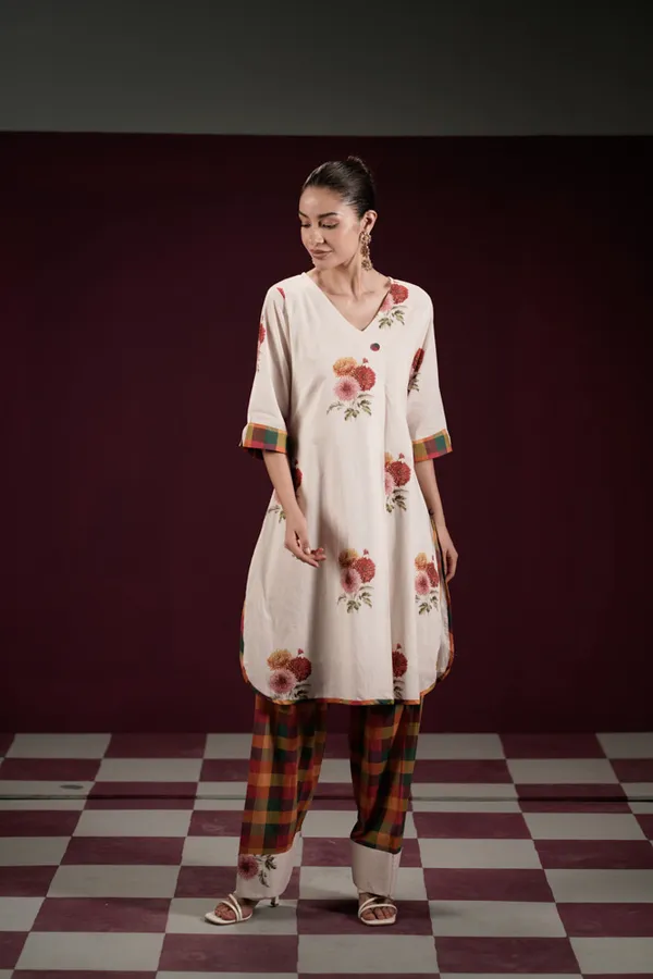 Off_White_Cotton_Floral_Print_A-Line_Kurta_Pant_Set_For_Women