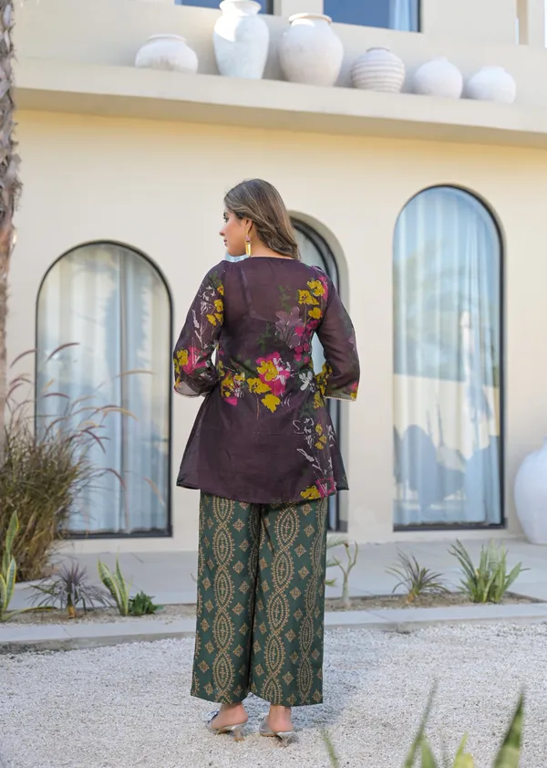 Brown_Green_Crepe_Floral_Print_Embroidered_Kurti_Palazzo_Set_For_Women