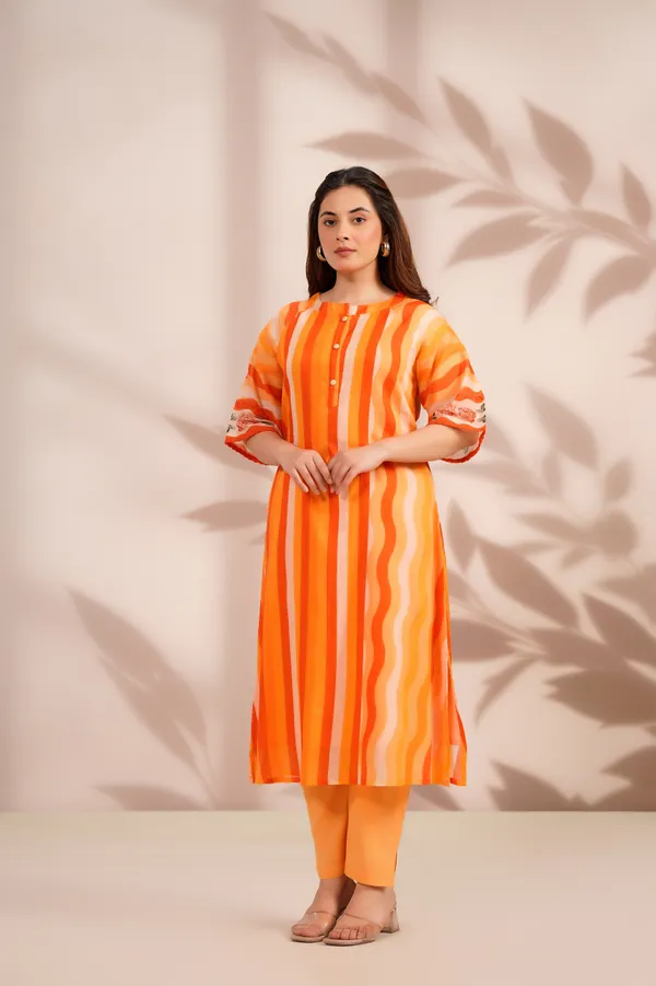 Orange_Cotton_Straight_Striped_Kurta_Pant_Set_For_Women