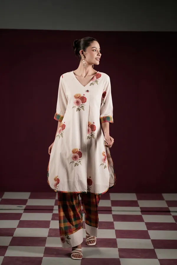 Off_White_Cotton_Floral_Print_A-Line_Kurta_Pant_Set_For_Women