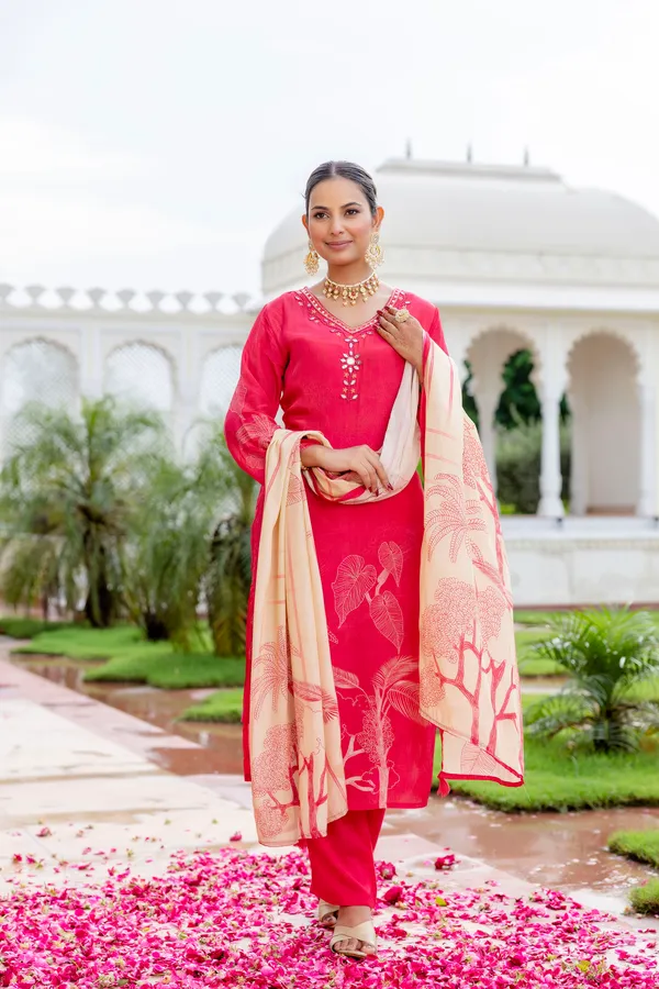 Pink_Cotton_Straight_Palm_Print_Kurta_Dupatta_Set_For_Women