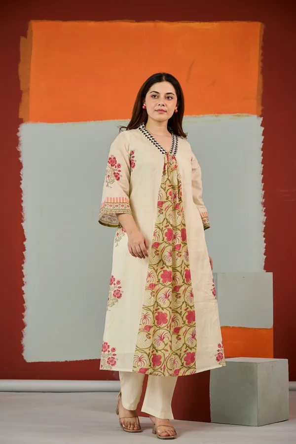 Cream_Cotton_Floral_Print_A-Line_Kurta_Pant_Set_For_Women