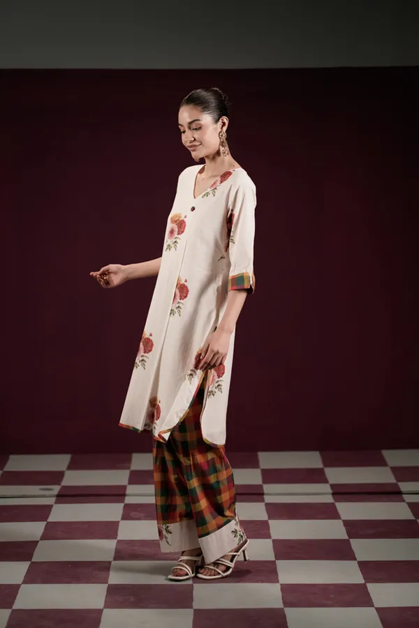 Off_White_Cotton_Floral_Print_A-Line_Kurta_Pant_Set_For_Women