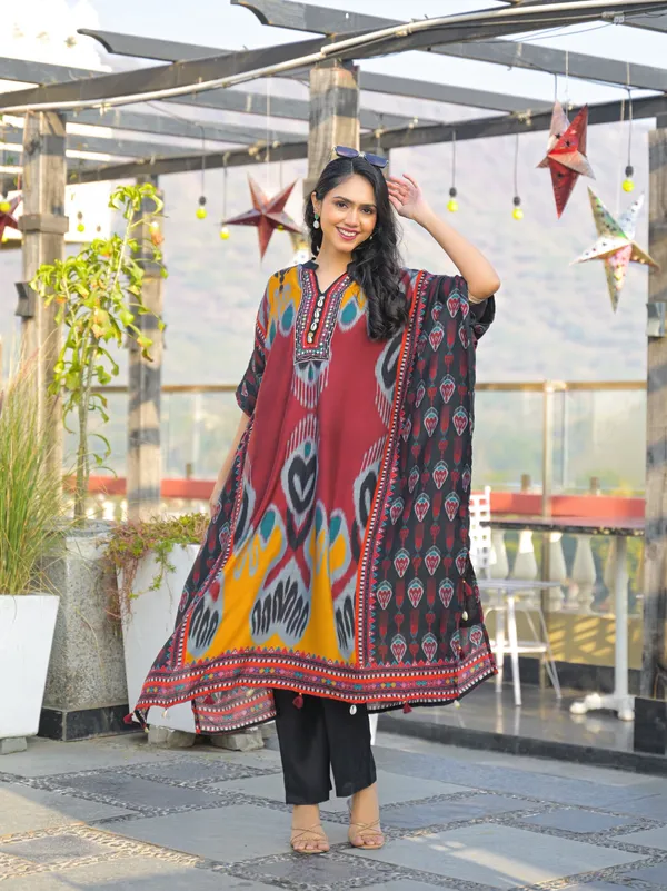 Maroon_Cotton_Ikat_Print_Relaxed_Kaftan_Kurta_For_Women