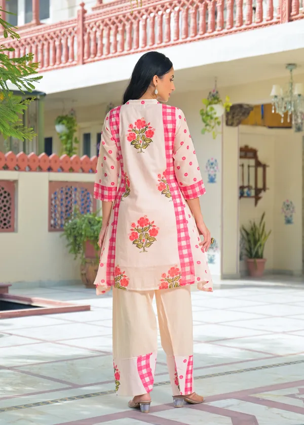 Peach_Cotton_A-Line_Floral_Checkered_Kurta_Set_For_Women