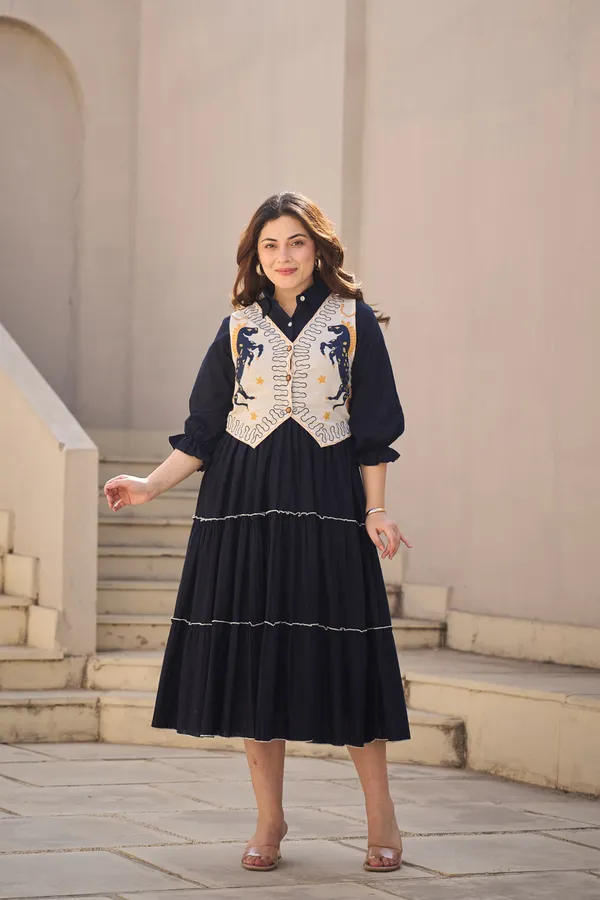 Navy_Cotton_Tiered_Dress_With_Embroidered_Jacket_Set_For_Women