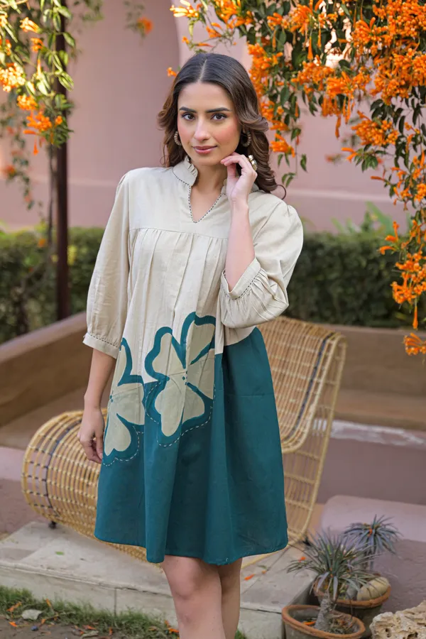 Beige_Teal_Cotton_Colorblock_Shift_Dress_For_Women