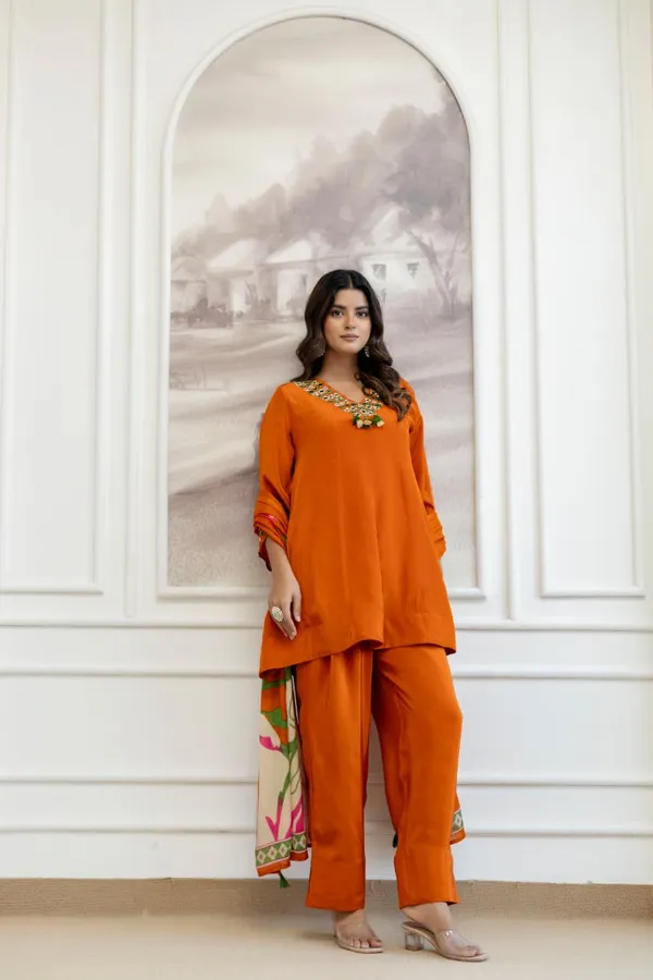 Rust_Crepe_Three_Piece_Suit_Set_For_Women
