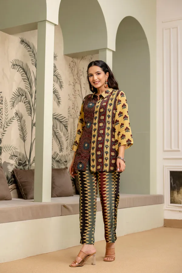 Yellow_Maroon_Cotton_Printed_Collared_Co-Ord_Set_For_Women