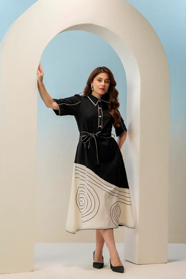 Black_White_Cotton_Colorblock_Midi_Shirt_Dress_For_Women