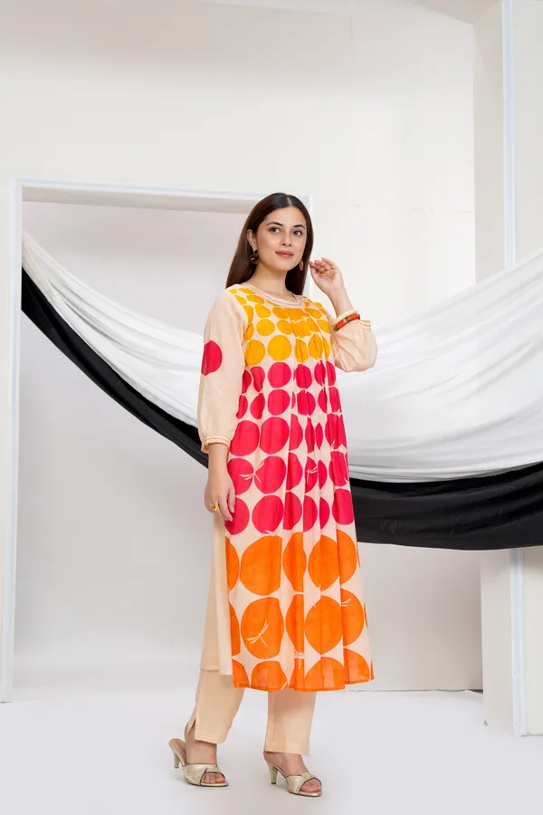 Beige_Cotton_A-Line_Polka_Dot_Print_Kurta_Pant_Set_For_Women