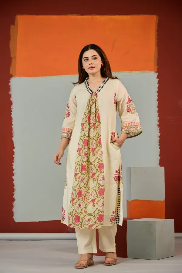 Cream_Cotton_Floral_Print_A-Line_Kurta_Pant_Set_For_Women